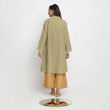 Back View of a Model wearing Vegetable-Dyed Khaki Green 100% Cotton Paneled Overlay