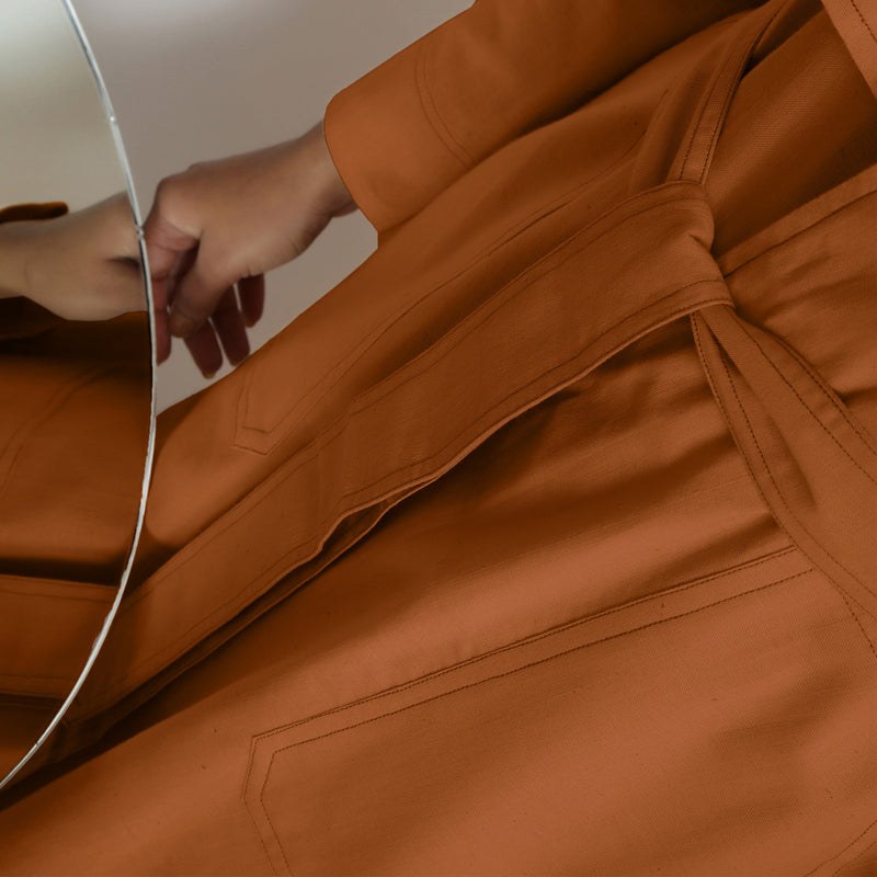 Front Detail of a Model wearing Vegetable-Dyed Khaki Orange 100% Cotton Paneled Overlay