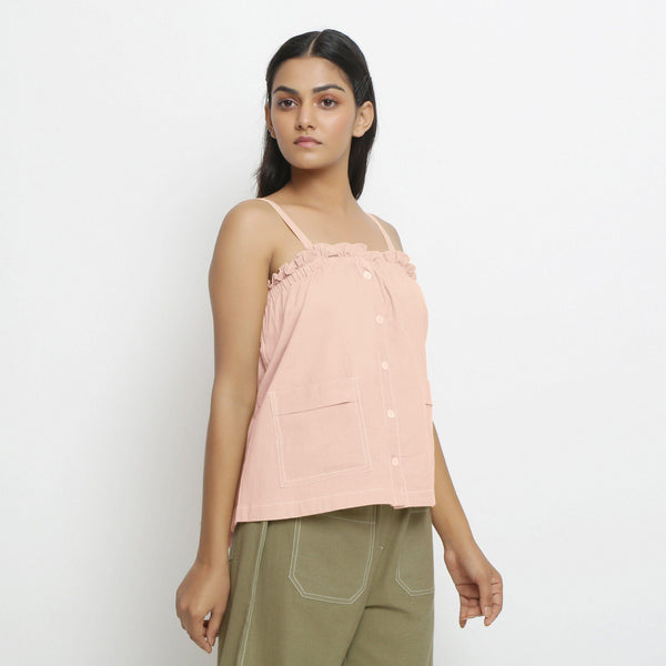 Right View of a Model wearing Vegetable-Dyed Pink 100% Cotton Cami Top
