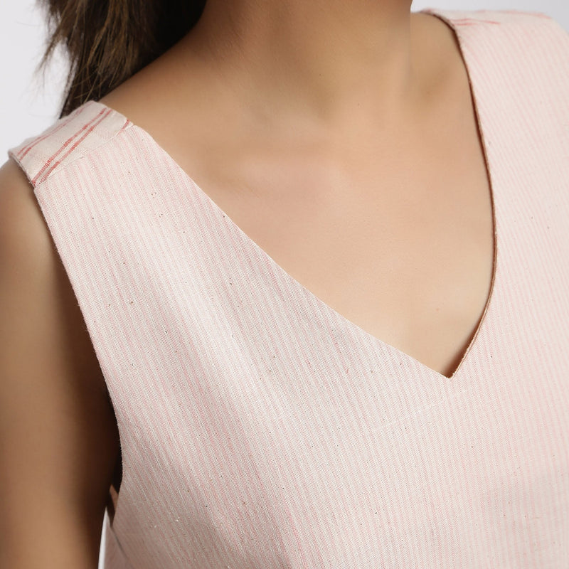 Front Detail of a Model wearing Pink Handspun Cotton Sleeveless Deep Neck Top