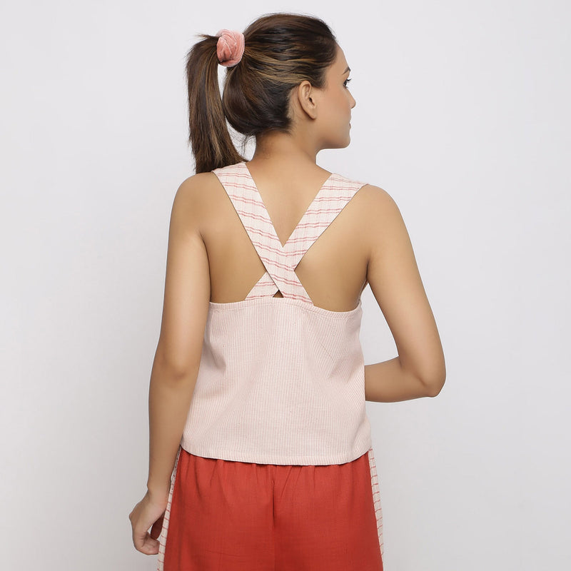 Back View of a Model wearing Pink Handspun Cotton Sleeveless Deep Neck Top