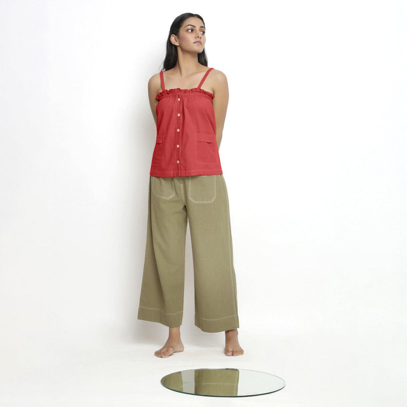 Front View of a Model wearing Vegetable-Dyed Red 100% Cotton Cami Top