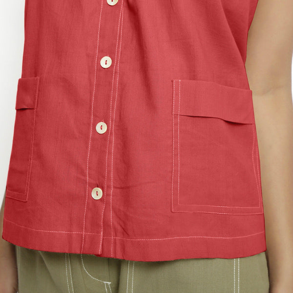 Front Detail of a Model wearing Vegetable-Dyed Red 100% Cotton Cami Top