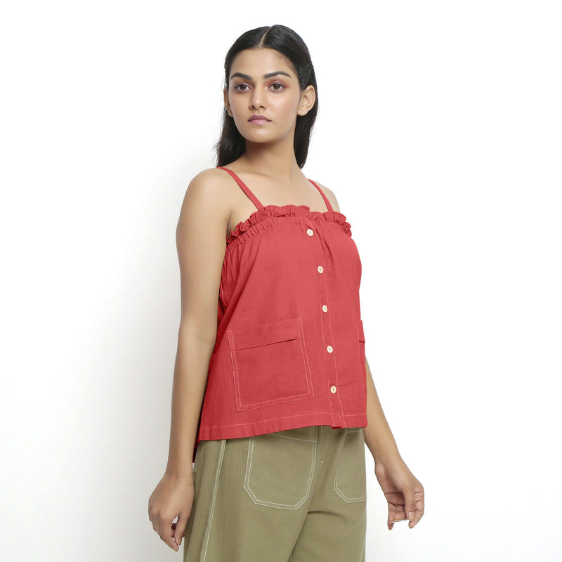 Right View of a Model wearing Vegetable-Dyed Red 100% Cotton Cami Top