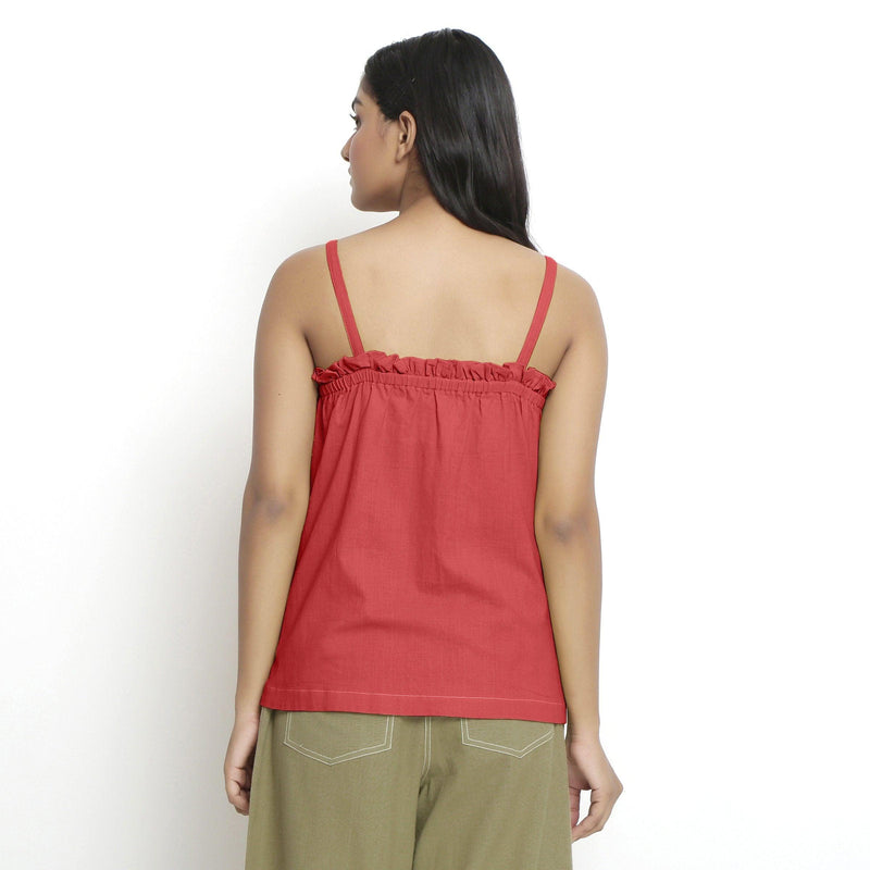 Back View of a Model wearing Vegetable-Dyed Red 100% Cotton Cami Top