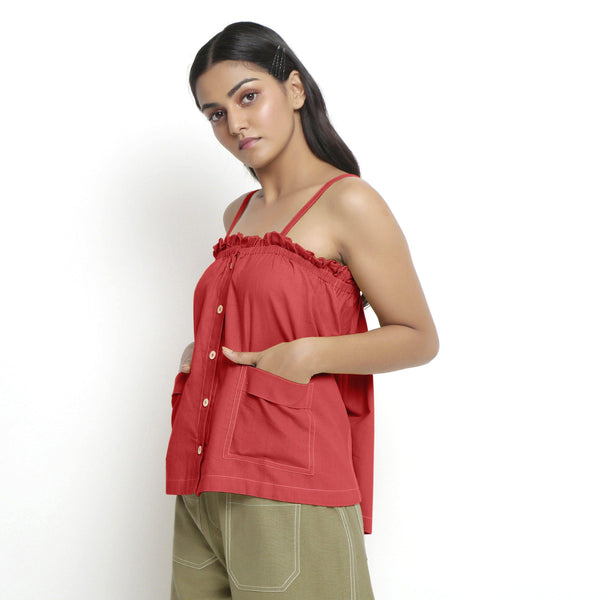 Left View of a Model wearing Vegetable-Dyed Red 100% Cotton Cami Top