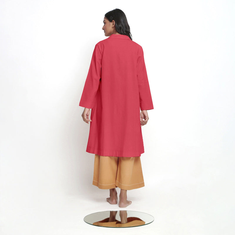 Back View of a Model wearing Vegetable Dyed Red Paneled Cotton Overlay