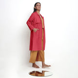 Right View of a Model wearing Vegetable Dyed Red Paneled Cotton Overlay
