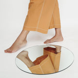 Close View of a Model wearing Rust Vegetable Dyed Cotton Elasticated Wide Legged Pant