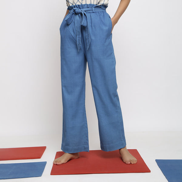 Front View of a Model wearing Blue Vegetable Dyed Cotton Paperbag Elasticated Wide Legged Pant