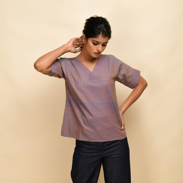 Front View of a Model wearing Vintage Plum 100% Cotton Half-Sleeve Round Neck Top
