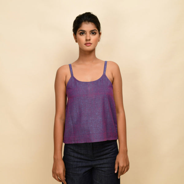 Front View of a Model wearing Violet Yarn Dyed Handspun Cotton Round Neck Spaghetti Top