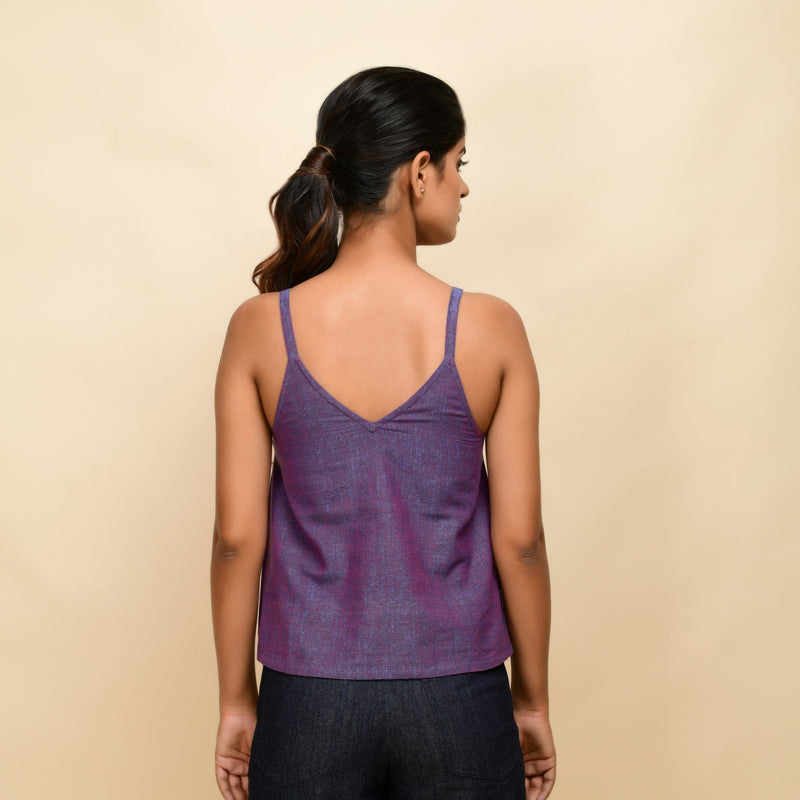 Back View of a Model wearing Violet Yarn Dyed Handspun Cotton Round Neck Spaghetti Top