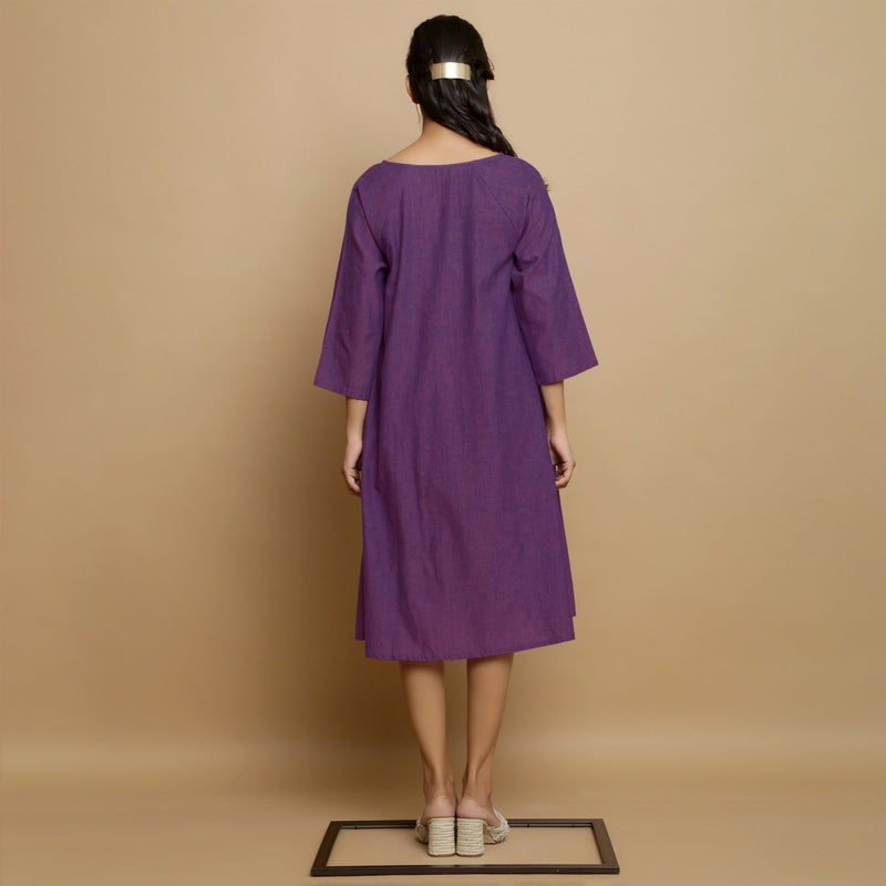 Back View of a Model wearing Violet Flared Knee Length Cotton Dress