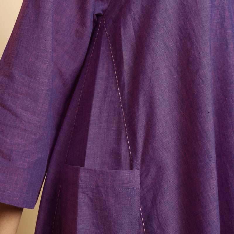 Close Detail of a Model wearing Violet Flared Knee Length Cotton Dress