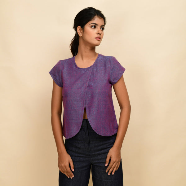 Front View of a Model wearing Violet Handspun Cotton Round Neck Asymmetrical Crop Top
