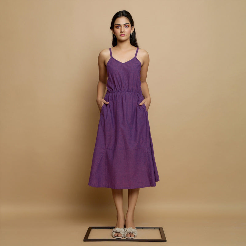 Front View of a Model wearing Violet Handspun Cotton Midi Godet Dress