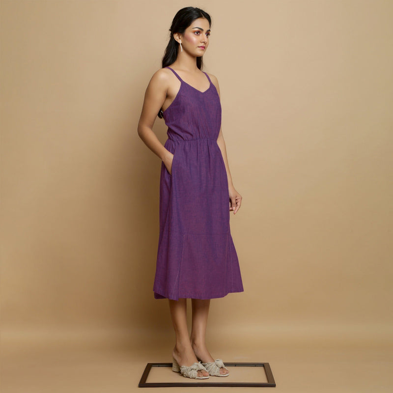Right View of a Model wearing Violet Handspun Cotton Midi Godet Dress