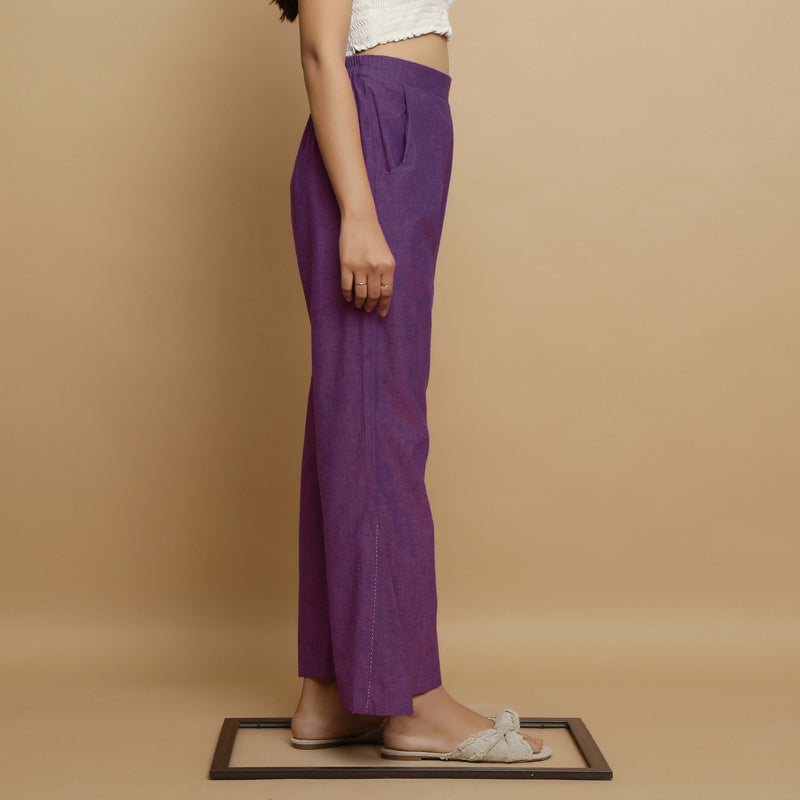 Right View of a Model wearing Violet Handspun Cotton Straight Godet Pant