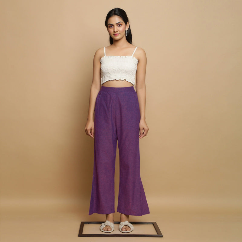 Front View of a Model wearing Violet Handspun Cotton Straight Godet Pant