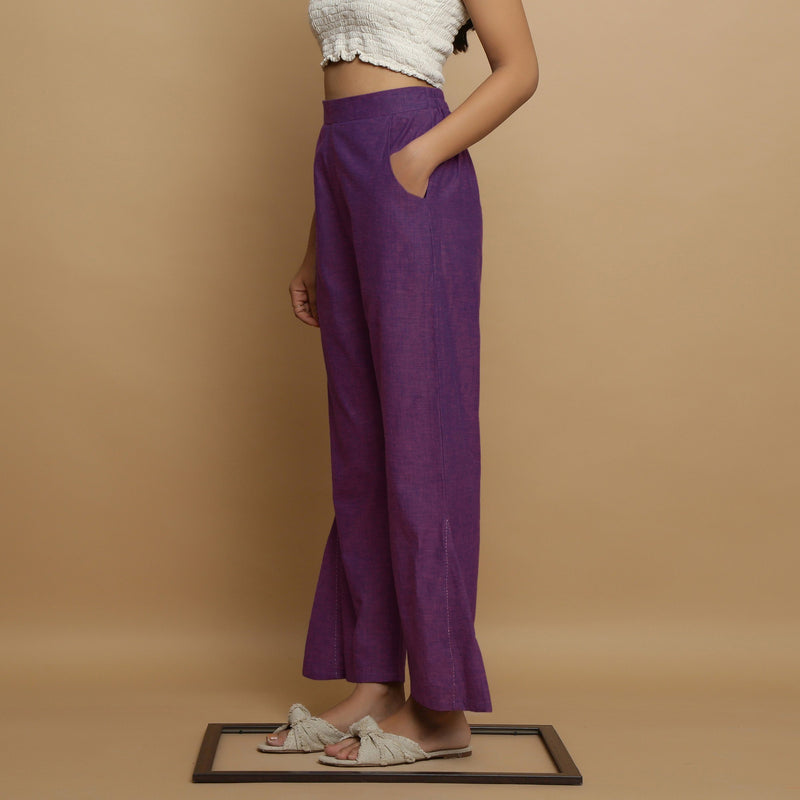 Left View of a Model wearing Violet Handspun Cotton Straight Godet Pant