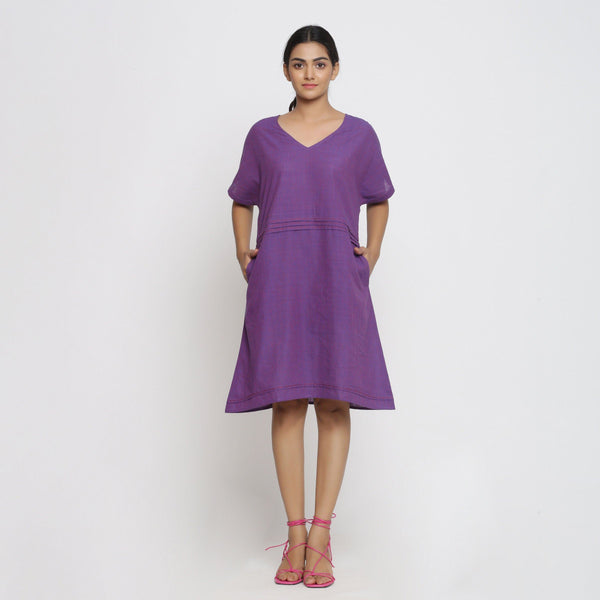 Front View of a Model wearing Violet Cotton V-Neck Pleated Dress