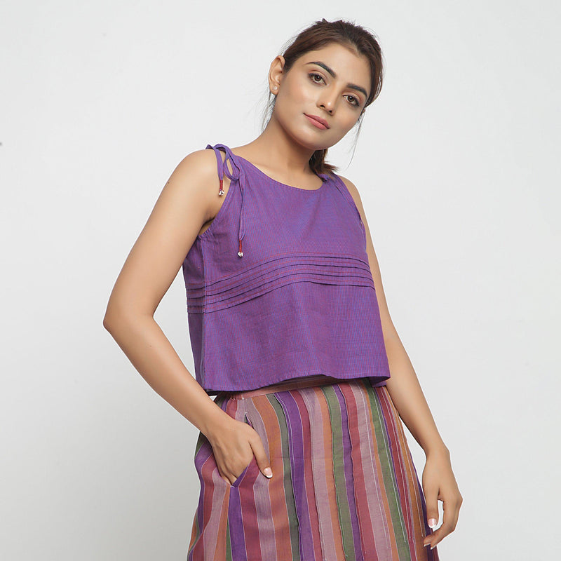 Right View of a Model wearing Violet Mangalgiri Cotton Solid Camisole Top
