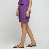 Left View of a Model wearing Violet Striped Mangalgiri Cotton Shorts