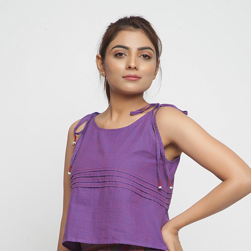 Front View of a Model wearing Violet Mangalgiri Cotton Solid Camisole Top