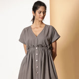 Front Detail of a Model wearing Ash Grey Warm Cotton Flannel Knee Length Frilled Dress