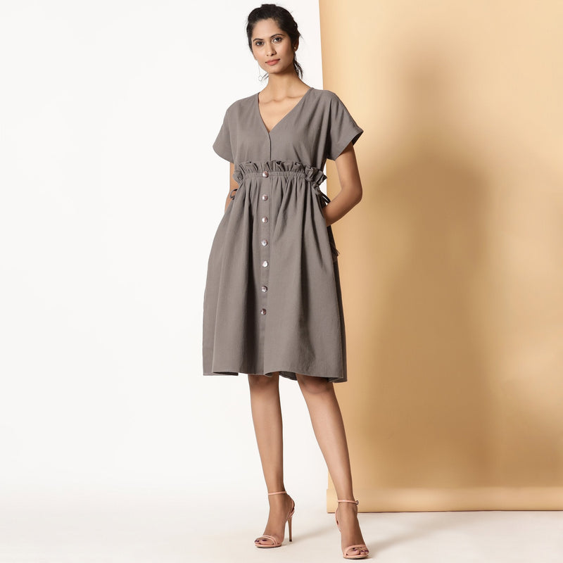 Front View of a Model wearing Ash Grey Warm Cotton Flannel Knee Length Frilled Dress