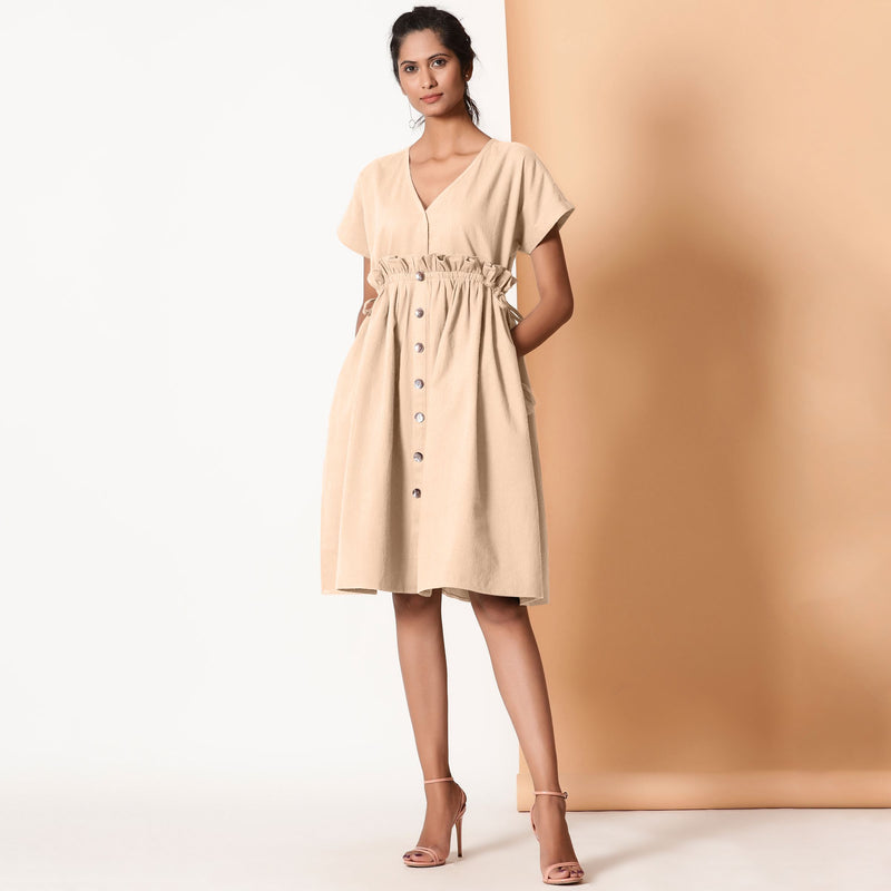 Front View of a Model wearing Beige Warm Cotton Flannel Knee Length Frilled Dress