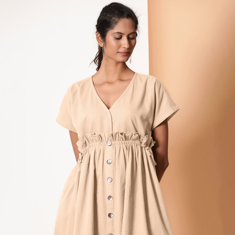Front Detail of a Model wearing Beige Warm Cotton Flannel Knee Length Frilled Dress
