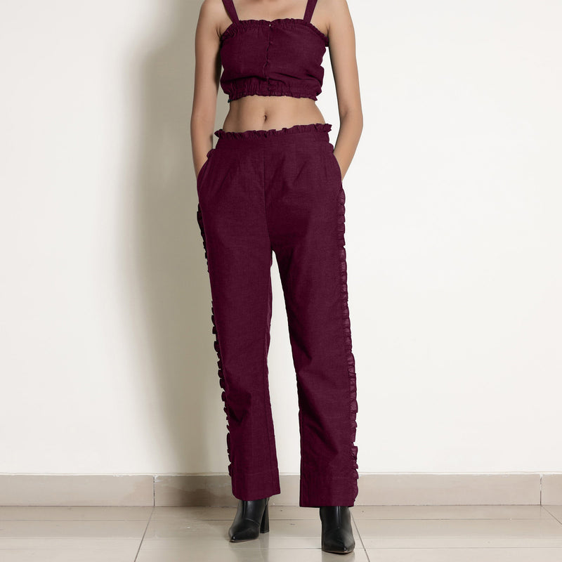 Front View of a Model wearing Warm Berry Wine Frilled Straight Pant