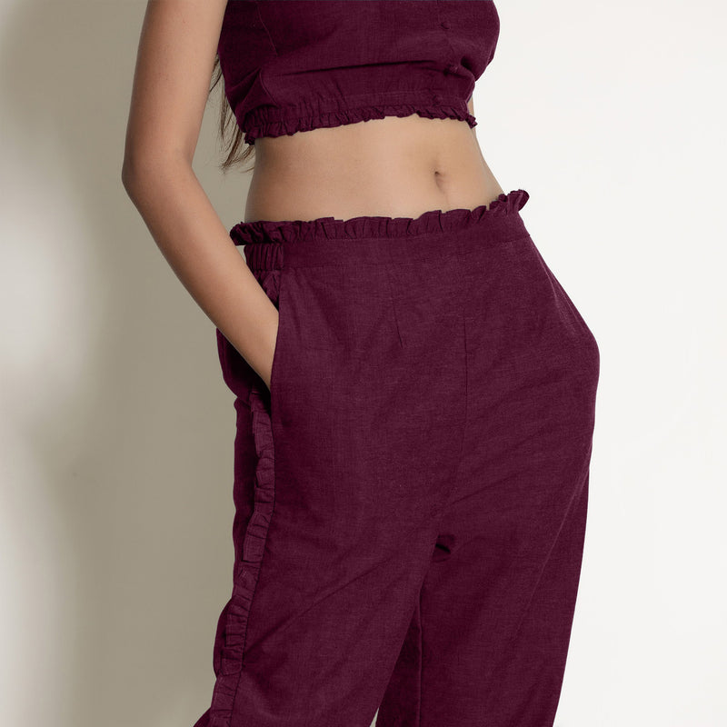 Front Detail of a Model wearing Warm Berry Wine Frilled Straight Pant