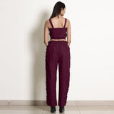 Back View of a Model wearing Warm Berry Wine Frilled Straight Pant