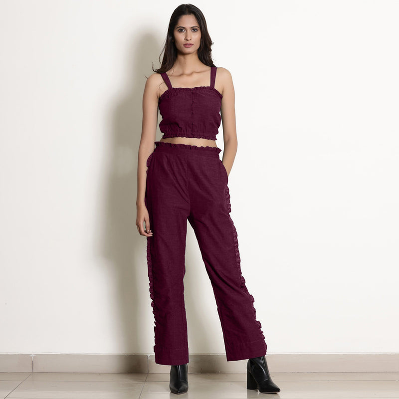 Front View of a Model wearing Warm Berry Wine Frilled Straight Pant