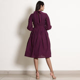 Back View of a Model wearing Berry Wine Warm Cotton Fit Knee Length Fit and Flare Dress