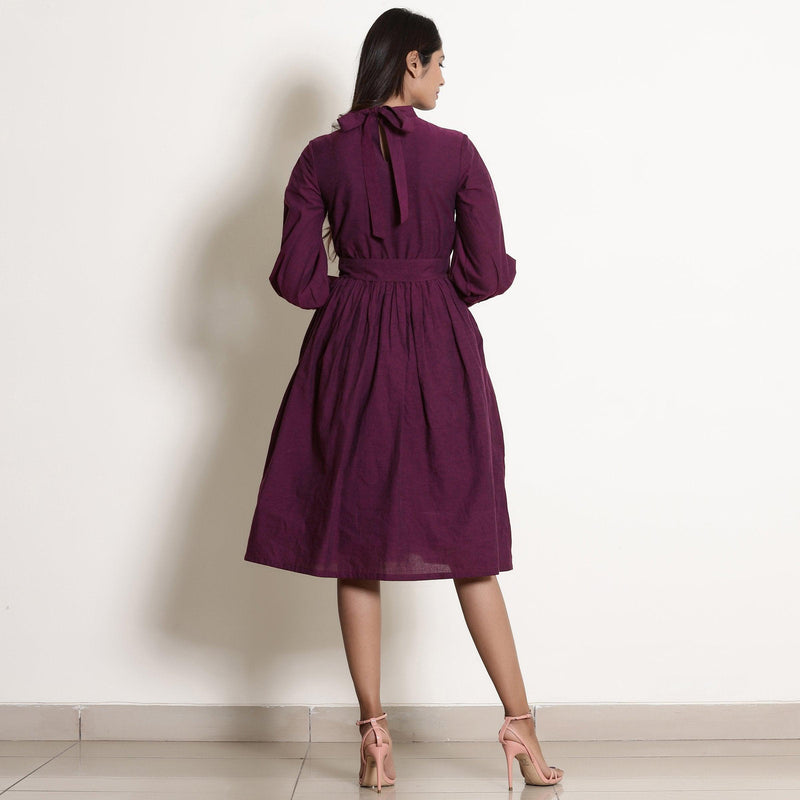 Berry Wine Warm Cotton Fit Knee Length Fit and Flare Dress