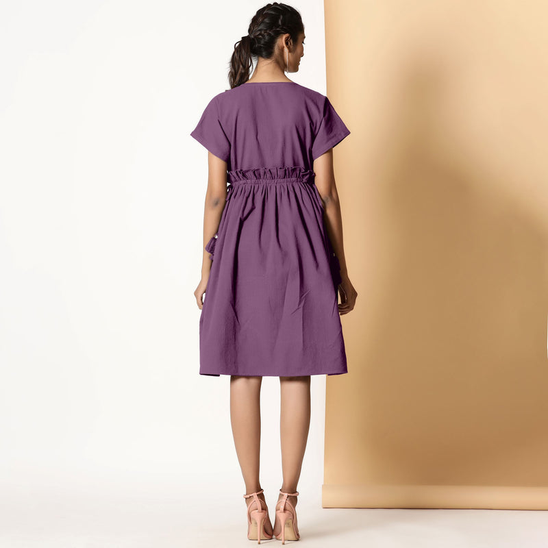 Back View of a Model wearing Berry Wine Warm Cotton Flannel Knee Length Frilled Dress