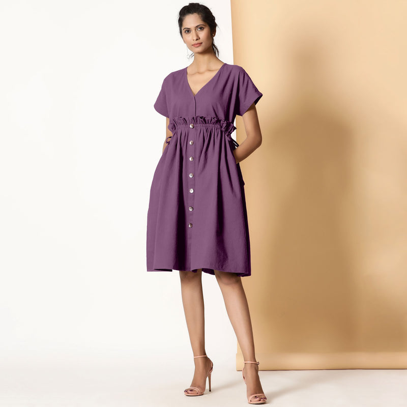 Front View of a Model wearing Berry Wine Warm Cotton Flannel Knee Length Frilled Dress