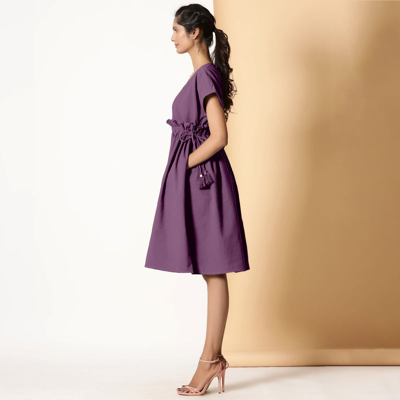 Left View of a Model wearing Berry Wine Warm Cotton Flannel Knee Length Frilled Dress