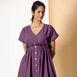Front Detail of a Model wearing Berry Wine Warm Cotton Flannel Knee Length Frilled Dress