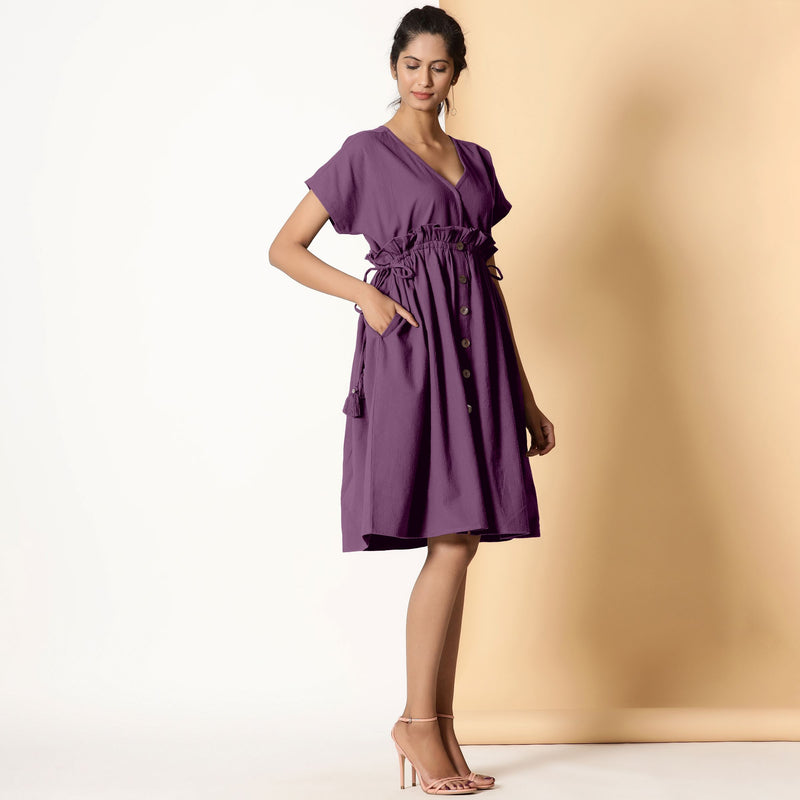 Right View of a Model wearing Berry Wine Warm Cotton Flannel Knee Length Frilled Dress