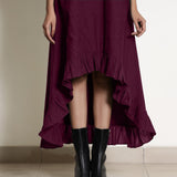 Close View of a Model wearing Warm Berry Wine Frilled Neck High Low Dress