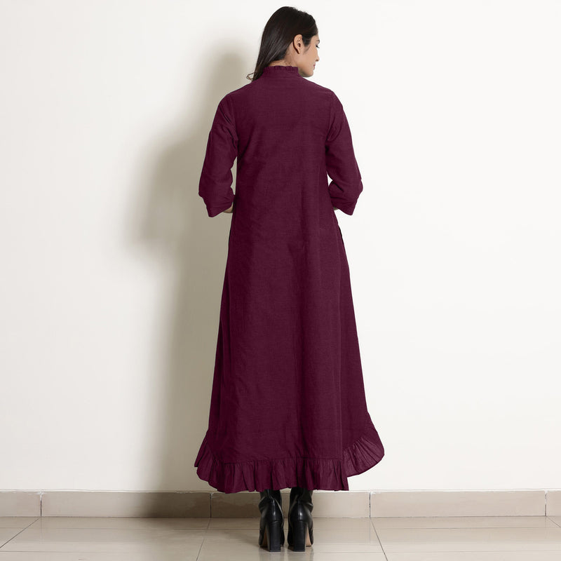 Back View of a Model wearing Warm Berry Wine Frilled Neck High Low Dress