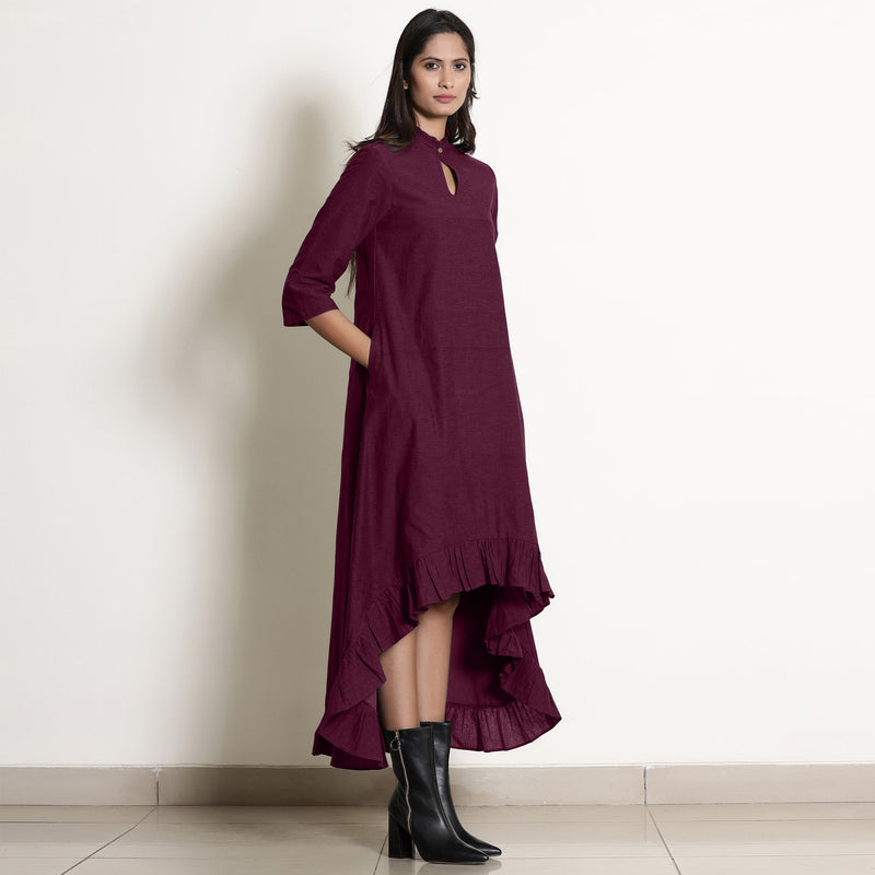 Right View of a Model wearing Warm Berry Wine Frilled Neck High Low Dress