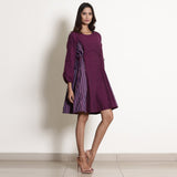 Right View of a Model wearing Berry Wine Warm Cotton Frilled Knee Length Dress