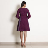 Back View of a Model wearing Berry Wine Warm Cotton Frilled Knee Length Dress
