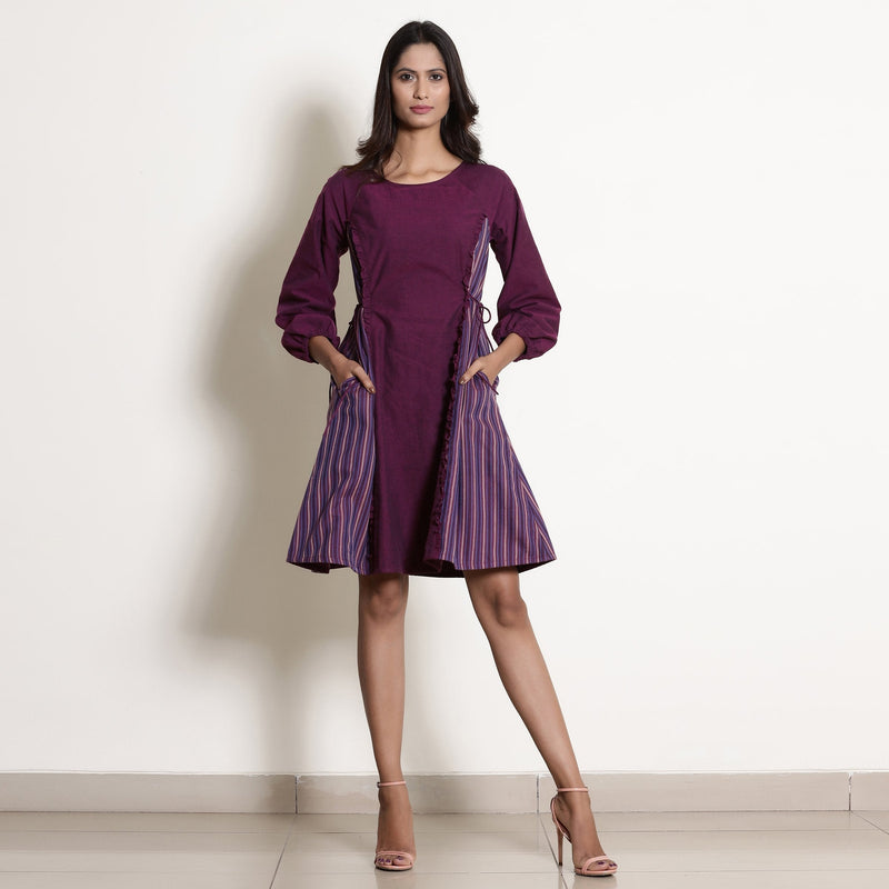 Front View of a Model wearing Berry Wine Warm Cotton Frilled Knee Length Dress